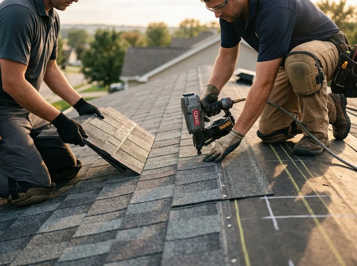 Professional roofer working on a residential roof in Muskegon Heights